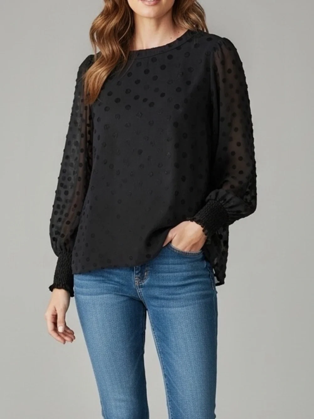 LOFT Black Sheer Velvet Polka Dot Blouse Puff Sleeve Smocked Cuff Romantic